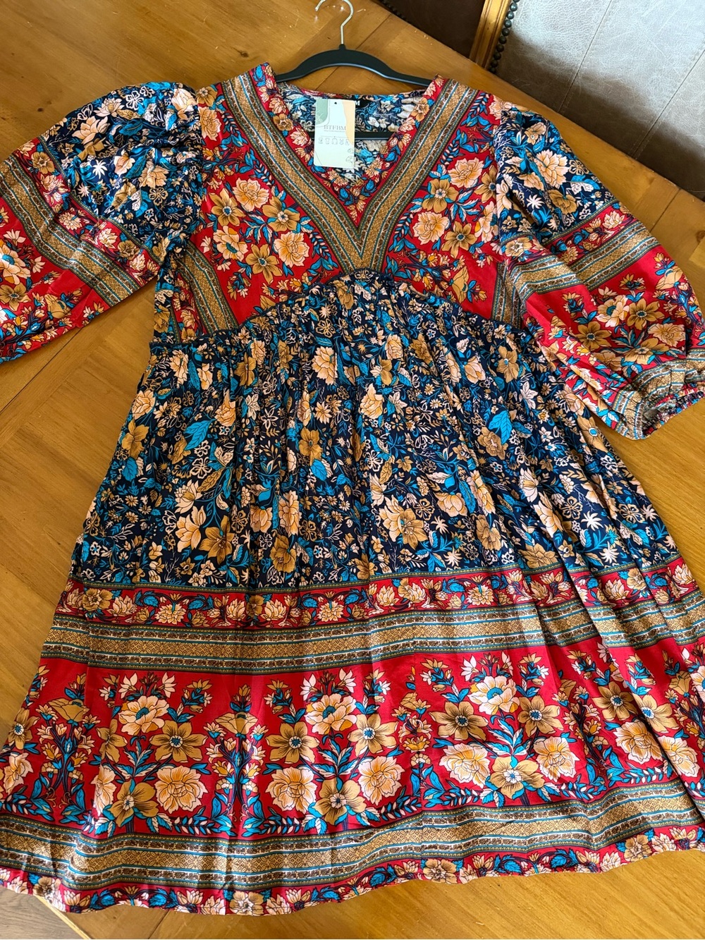 BTFBM Red Floral V-Neck Midi Dress